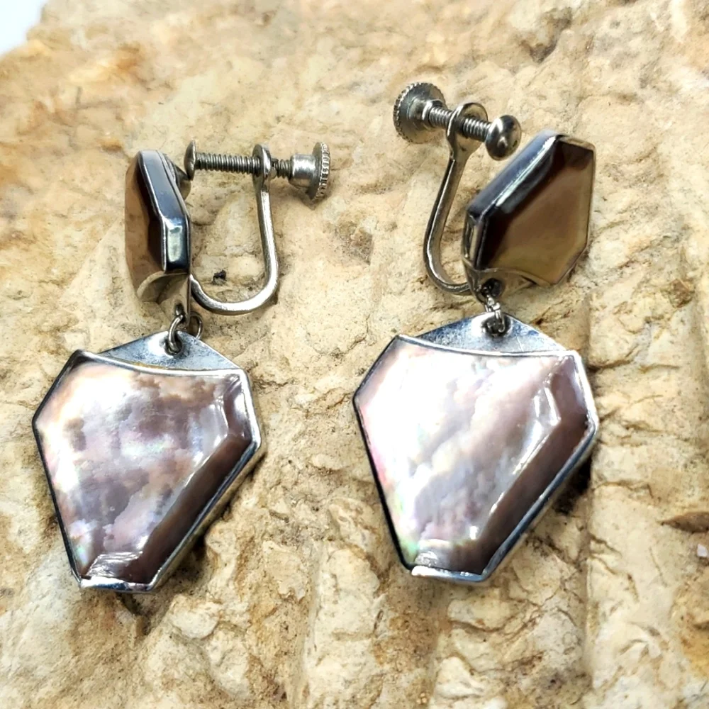 Vintage 70s Abalone Shell Silver Screw Back Earrings